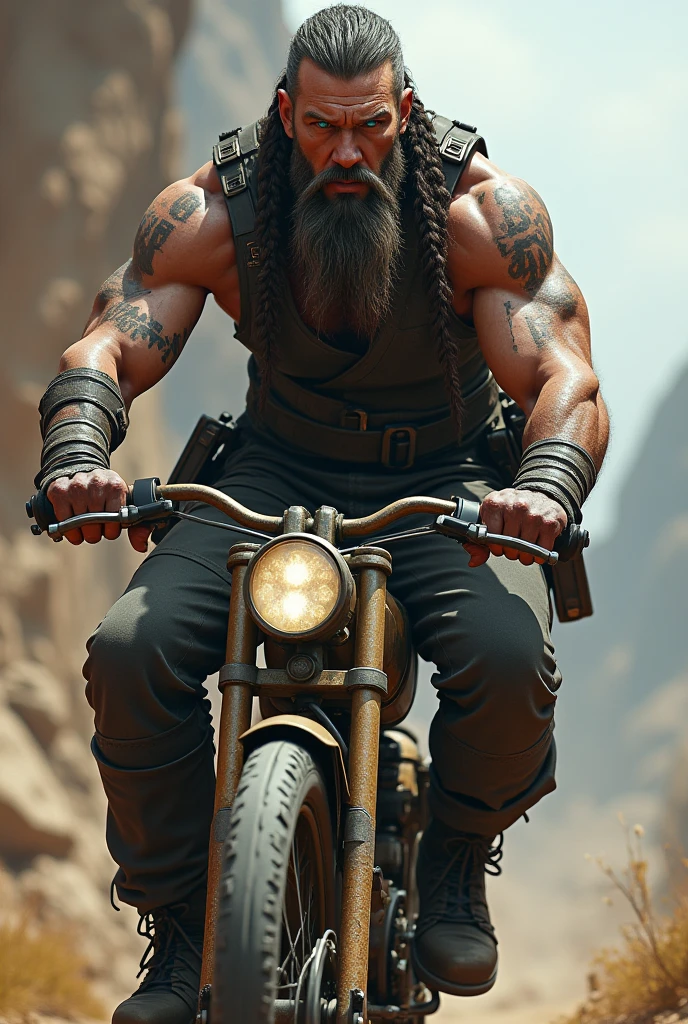 Male Mongolian, mad max warlord style on a motorcycle