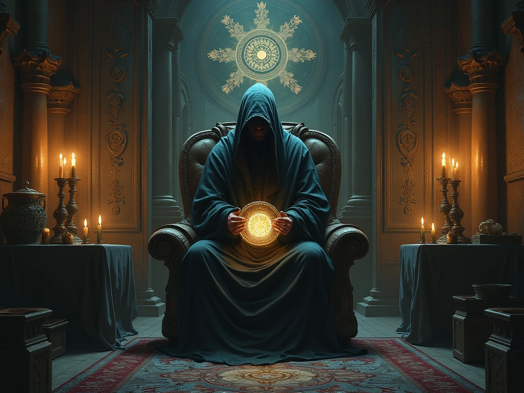 An ancient, mystical deity holding a glowing, crystal orb, seated upon a throne of primordial power, surrounded by a halo of mystery, with ancient ruins, artifacts, and forgotten knowledge, whispering secrets of the cosmos.