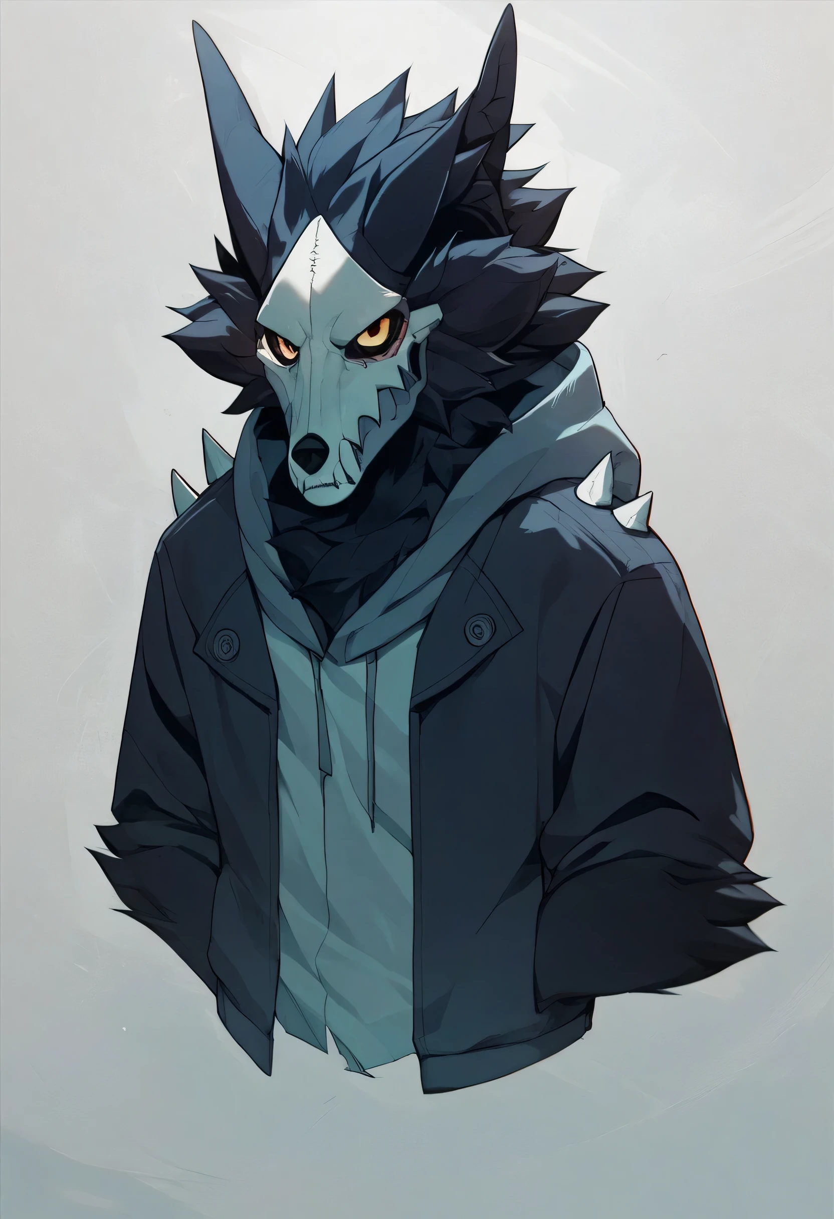 Score_9, Score_8_Up, furry, Break, Source_Anime, (1 man, Alone), canine penis, Perfect Body, Thin, Fluffy Black Fur, Wolf Skull, Cadaver Skulldog, hoodie