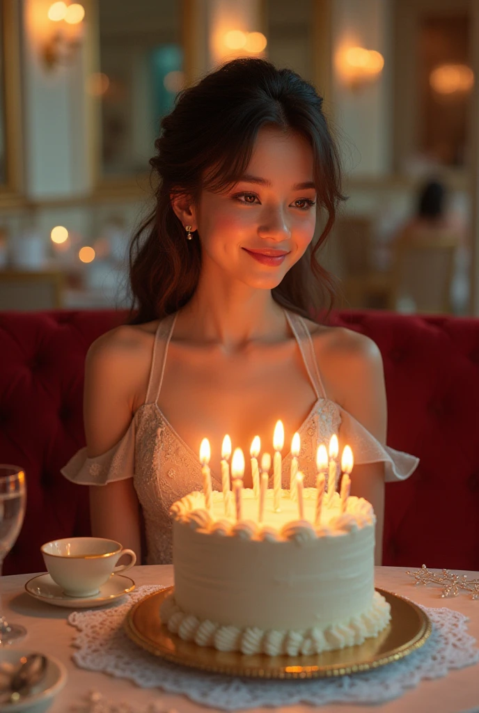 A beautiful lady, elegantly dressed, is leaning forward with a warm smile, offering a birthday cake. The cake is adorned with intricate floral decorations and the words "Happy Birthday Fereshteh" are meticulously written in gold icing. She is in a cozy, well-decorated living room with soft lighting, filled with luxurious furnishings like plush velvet sofas and ornate lamps, creating a warm and inviting atmosphere. Hyper-realism quality.