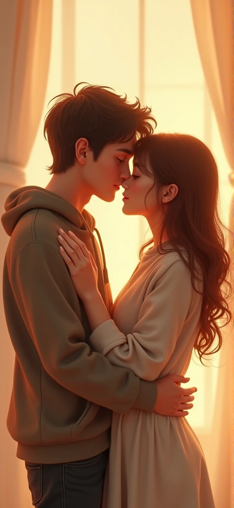 Boy in red sweatshirt hugging girl in denim overalls from behind