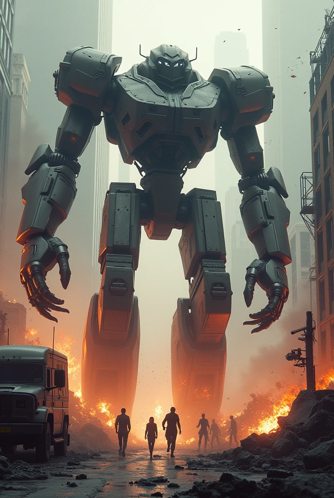 Horror-themed cinematic film still, futuristic giant mech amidst a battle in a ruined city, warzone, explosions, billowing smoke,towering destroyed buildings, robots, alien spacecraft, laser fire, action scene, highly detailed, shallow depth of field, vignette, highly detailed, high budget, bokeh, cinemascope, moody, epic, gorgeous, film grain, grainy . Eerie, unsettling, dark, spooky, suspenseful, grim, highly detailed