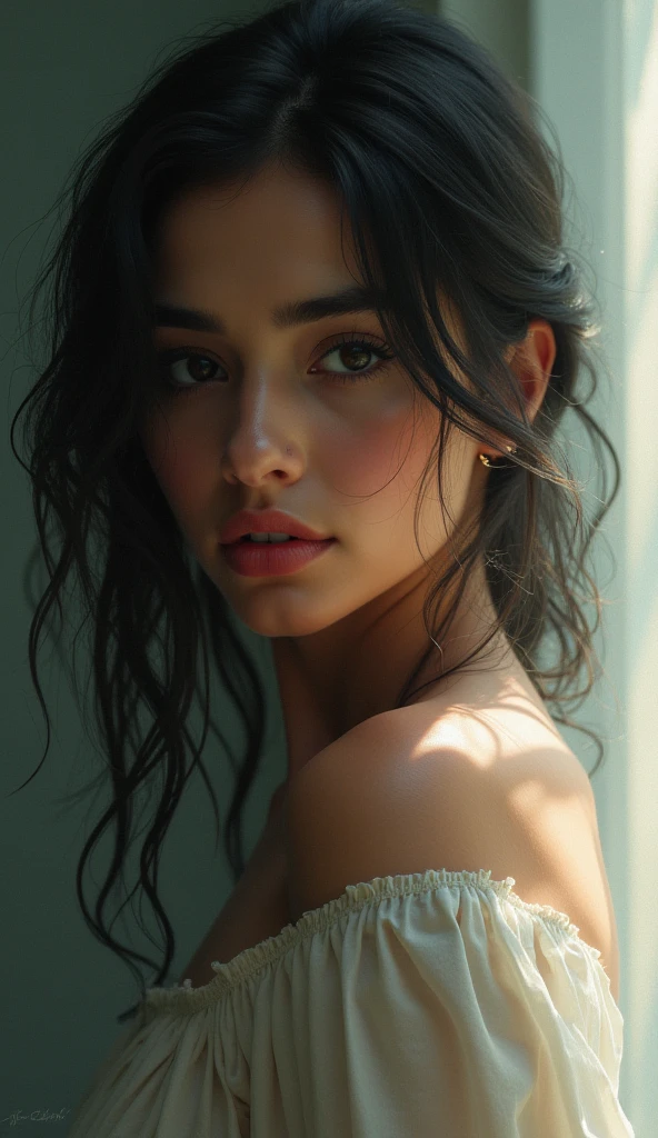 A bratty 1 girl with raven black hair pulled into a defiant ponytail, beads of sweat glistening on her flushed cheeks. Her room is a disaster zone of strewn clothes, crumpled papers, and discarded snack wrappers, reflecting her rebellious spirit. She stands in the center, stark naked, with an expression that could curdle milk—eyes narrowed, full lips pursed in a scowl that dares the viewer to challenge her. The high resolution captures every detail, from the fine hairs on her arms to the individual droplets of perspiration trickling down her toned body. The hyper-realistic quality of the candid photograph makes it feel as though you could reach out and touch the tangible textures: the plushness of the rumpled bed sheets, the softness of her skin, and the gloss of her wet hair. The natural light filtering through the blinds casts a warm glow across the scene, highlighting the curves of her youthful form and the sharp angles of her teenage angst. The stark contrast between the softness of her feminine features and the chaos of her surroundings is both captivating and unsettling, inviting the viewer into a moment of raw, unfiltered emotion.