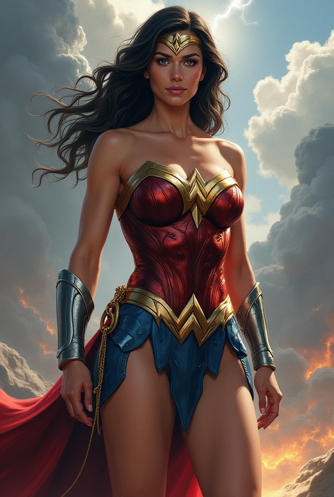 1woman, solo, full body, (running), warzone background, (Victoria's Secret Model Wonder Woman), ((intricate details, makeup), (delicate and beautiful delicate face, delicate and beautiful delicate eyes, perfectly proportioned face), delicate skin, delicate skin, best proportions four fingers and one thumb, strong and realistic blue eyes, realistic black hair, lips, makeup, natural skin texture, tiara, leotard, bulletproof cuffs, Red boots, (public clothing: 1.3), slightly sunburned skin tone, mature, sexy, elastic muscles, (muscles:1.2), ((strong and healthy body)) legs, curves, thick thighs, wide buttocks, thin legs, (big breasts: 1.2), thin waist, soft waist, (delicate skin), (glossy skin), (beautiful and sexy woman), (swollen lips: 0.9), (eyelashes: 1.2), very delicate muscle definition, popular in CG Society contests 4K image quality Highly detailed and intricate masterpiece HD 8K isometric perspective w- 1024 x160px ultra wide-angle shot Behance lighting effects Lens flare watercolor Painting Octane Rendering NVIDIA Ray Tracing Demo Deviantart Feature Film Rough, detailed backgrounds, mid-range, clouds, foggy, flame, gas, explosion, nuke, realistic textures, lighting effects, ((highest quality)), ((masterpiece)), (detailed),