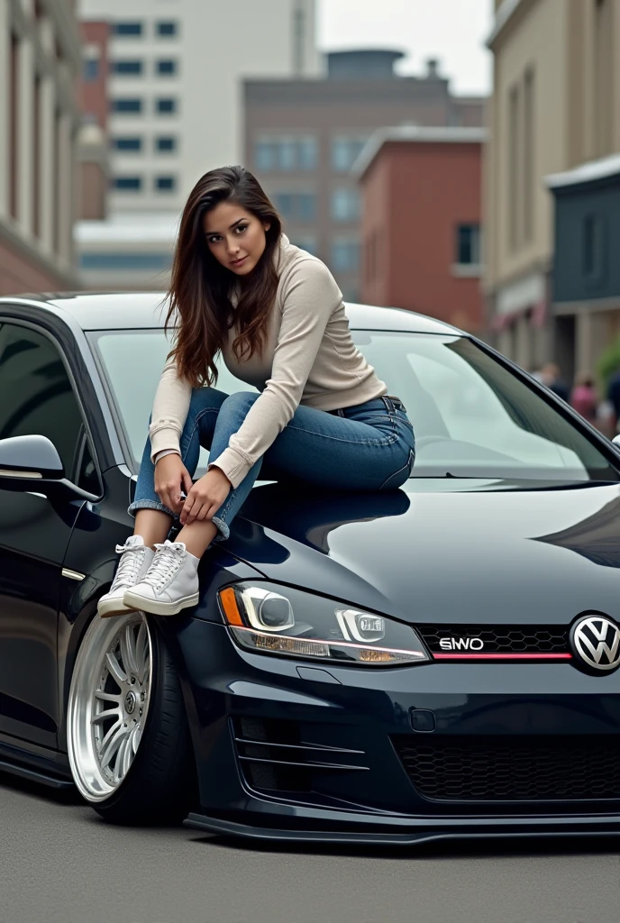 A beautiful and elegant Italian woman is standing and leaning against a pink SUV in an industrial-looking parking garage. She is wearing a matching gray athletic outfit consisting of a crop top and shorts, paired with black athletic shoes. The scene is set in a dimly lit, modern parking garage with concrete walls and ceiling, creating a stark contrast with the vibrant pink SUV. The woman has a confident and relaxed posture, looking directly at the camera with a subtle smile. The overall atmosphere is a blend of urban edge and stylish athleticism, highlighting both her elegance and strength.