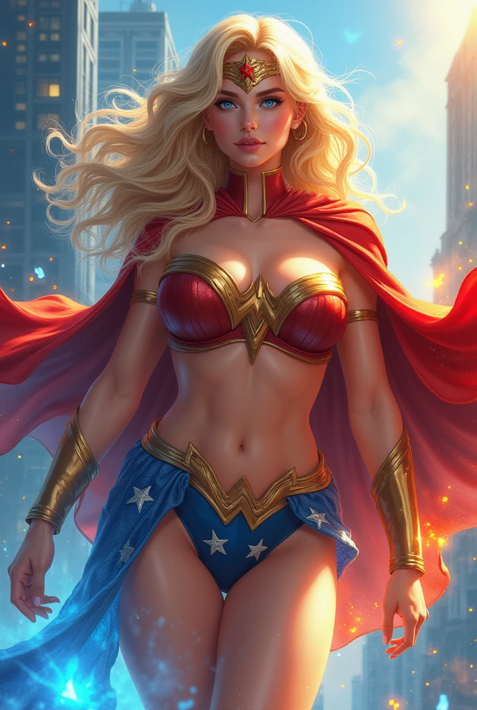 Best quality, solo mature Wonder woman, giant breasts, giant fat ass, very curvy, blonde styled hair, Mavuelous pink eyes, full lips, seductive, ribbon in hair, choker, sexy bodysuit, silver hoops, thick thighs, curvy physique dress as superhero, oiled legs, curvy,