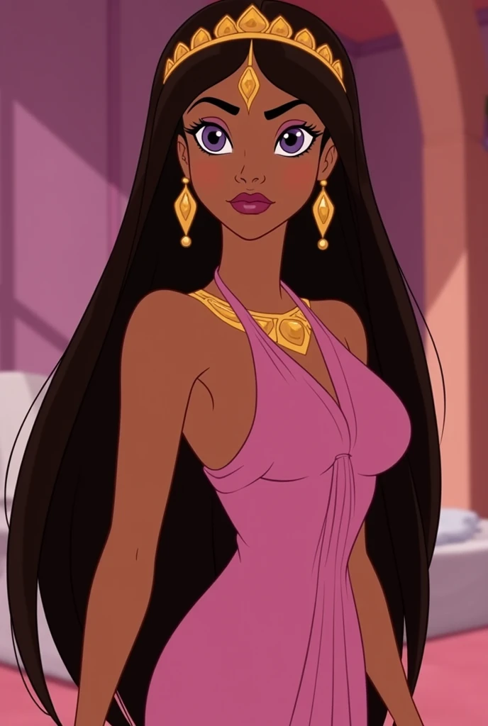 very beautiful animated disney princess, straight long dark pale brown hair, long face, arched nose, dark skin, light purple eyes, persian, serious, classic disney, sexy pink halter toga drapes, persian sorceress head-dress, golden dangle earrings, grand jewelry, golden armlets and head-dress, orchid eyeshadow, pink arabian bedroom background