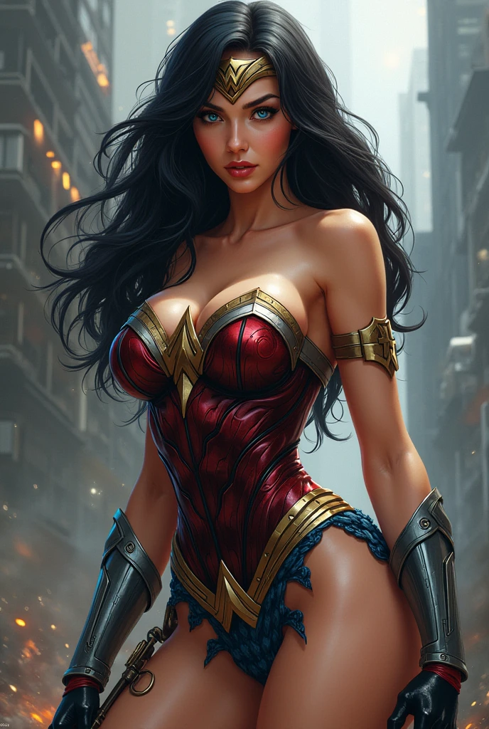 a image of wonder woman, (ikaros-androids), large boobs, toned abs, thick thighs, thicc, hd, bokeh, detailed face, colorful, vibrant, face lines <lora:ww_v1:0.9> <lora:ikaros-androids-000010:0.40>