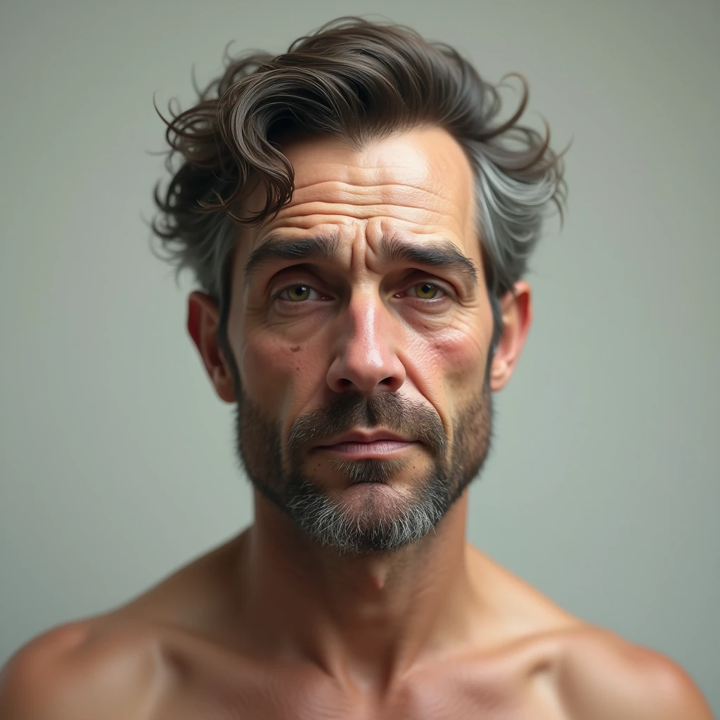 Here is a detailed description of the photo I want an edition for the drawing: 

Cabelo:  The man has short hair , well trimmed and with defined curls. The side is slightly lower, giving a discreet gradient style. The hair color is black with some gray threads.

Rosto:  The face is oval , with a full beard, well maintained and with gray threads, especially in the chin and jaw area. It has well-defined eyebrows, } dark brown eyes and a light smile that shows part of the teeth. He is wearing a small hoop earring on his left ear.

Corpo: the man is shirtless,  With a visible trunk . He has a hairy chest and a healthy physical constitution,  with wide shoulders. There are drops of water scattered over the body, indicating that he had probably gotten wet not long ago — maybe after a bath or a dive.
