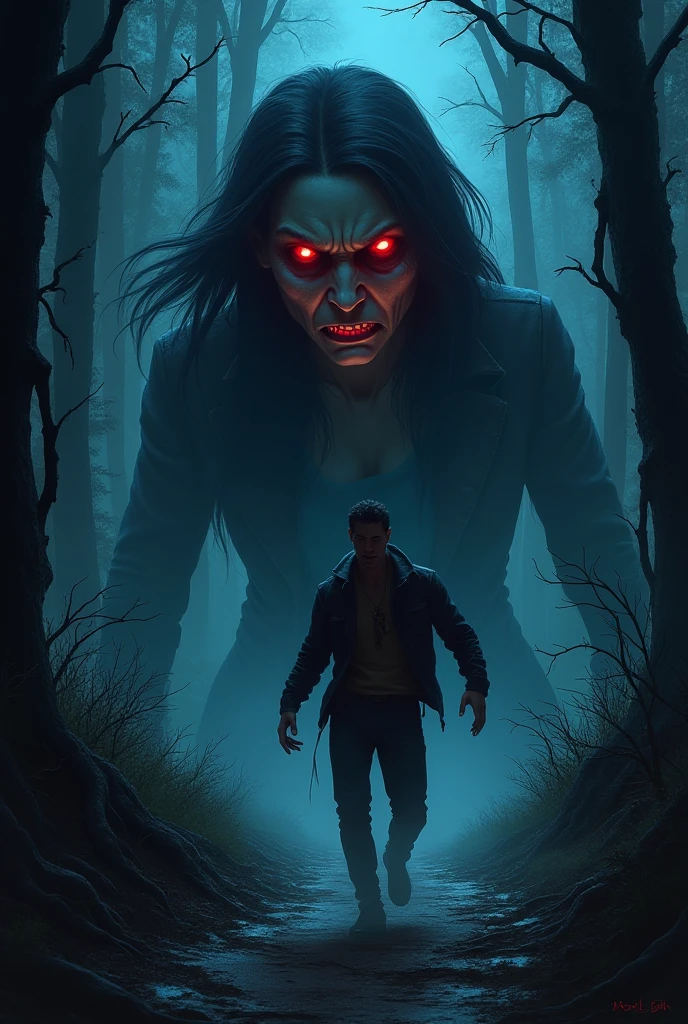 A terrified person in the forest at night, with a racing heart