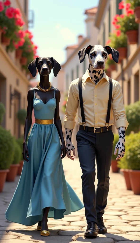 That sounds like a fascinating and striking concept! Here’s a description to bring that surreal scene to life:

In the heart of a chaotic battlefield, amidst explosions and swirling smoke, a curious dance unfolds. The center of the scene is occupied by an elegantly dressed dog and a cow, both in traditional tango attire. The dog, wearing a sleek black tuxedo with a red bowtie, moves with surprising grace, while the cow sports a flowing red dress and a matching flower in her hair. They are locked in an intense tango, their movements fluid and precise against the backdrop of destruction. 

Around them, soldiers scramble and explosions light up the smoky sky, adding to the scene's frenetic energy. The contrast between the poised elegance of the dance and the surrounding turmoil highlights the absurdity and surreal nature of the tableau. The mood is a bizarre mix of tension and whimsy, emphasizing the stark juxtaposition of beauty and chaos.