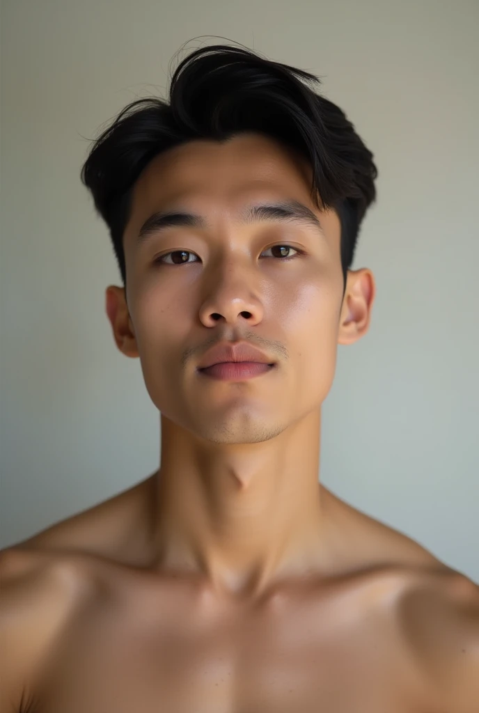 generate a young hot asian boy with abs and middle part hair fully naked
