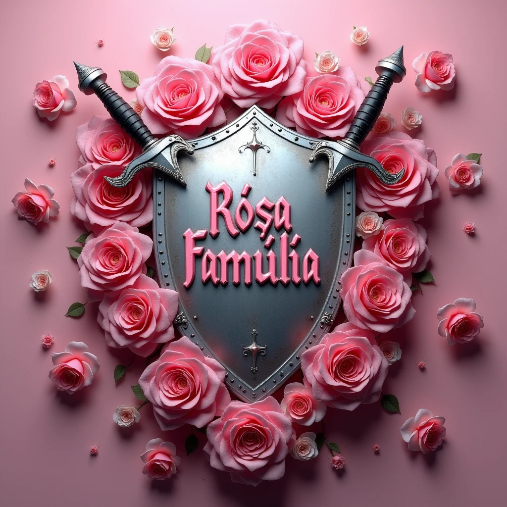 Create a silver shield DETAILED WITH PINK DETAILS, two swords attached to it and write ROSA FAMÍLIA in the middle of the shield in gothic letters in the color PINK PINK AND ADD LOTS OF PINK ROSES WITH A PINK SMOKE BACKGROUND everywhere.