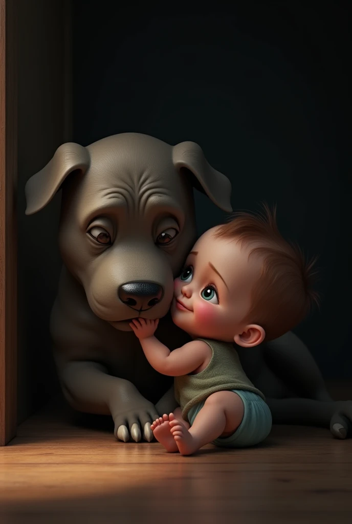 The adventures of Tony and his pitbull pearl, Toninho na cor marrom, a happy little boy Disney style and pearl his pitbull in brown color with a white and brown snout