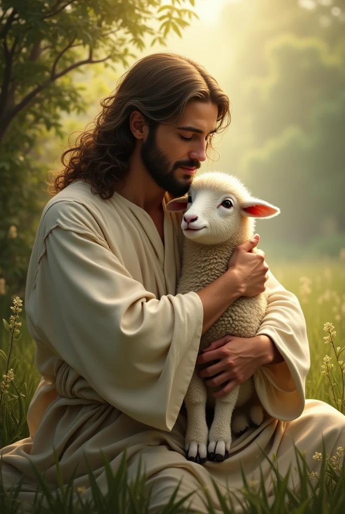 In a sunlit meadow, Jesus gently cradles a fluffy white lamb in his arms. The scene captures the soft texture of the lamb's wool, with sunlight filtering through the grass, creating a warm, golden glow. Every detail, from the lamb’s tiny hooves to Jesus’s serene expression, is rendered in hyper-HD quality."