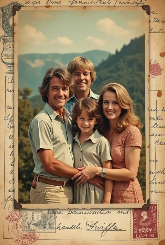 Family photo of the 70s inserted in a historic postcard