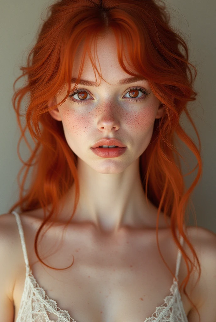 Beautiful redhead called Julia, dressed in a light outfit