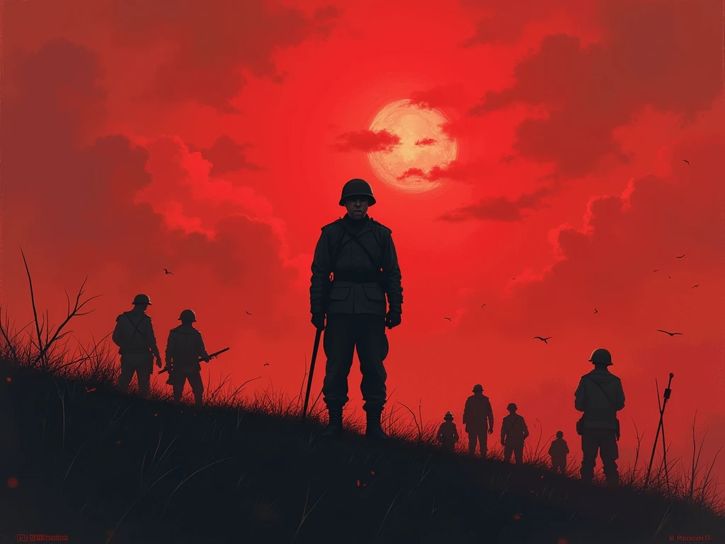 battlefiled,eventide,flame of war,World War II soldiers,dead body,crosses,Burning clouds,smoke of gunpowder,Pitch black