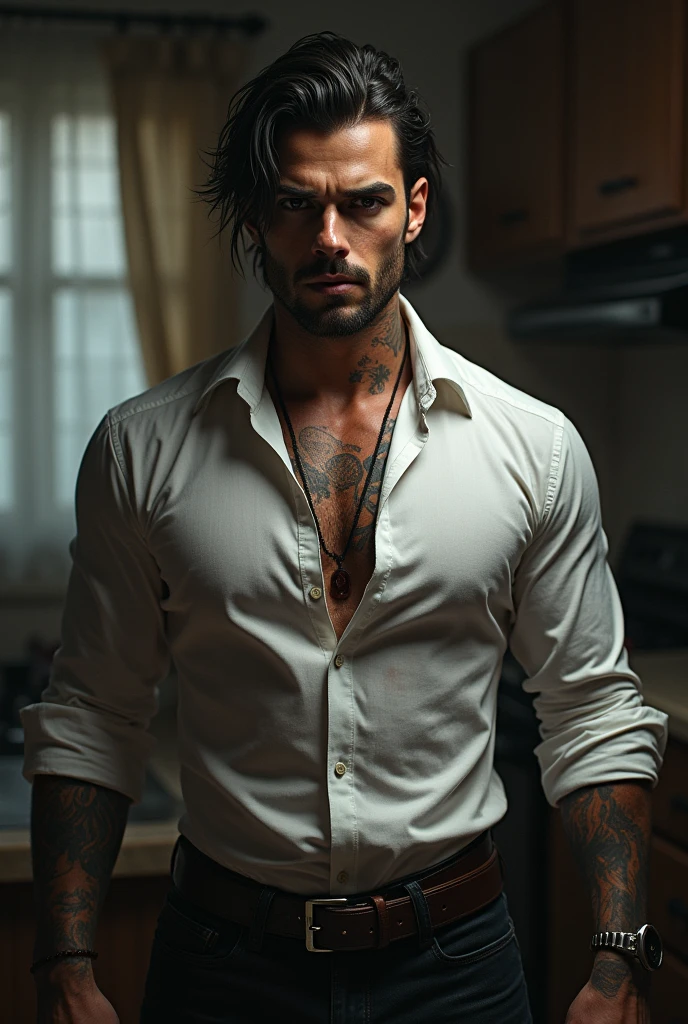 Um homem de cabelos longos e barba posa para uma foto, Sem camisa :: Alto detalhe, homem bonito, inspirado em Ludovit Fulla, strong masculine traits, lindo impressionante realista, Modelo masculino, johnny silverhand, masculino sexy, mid shot of a handsome guy, inspirado em Maximiliano Cercha, Sem camisa, Masculino e forte, masculino e bonito
