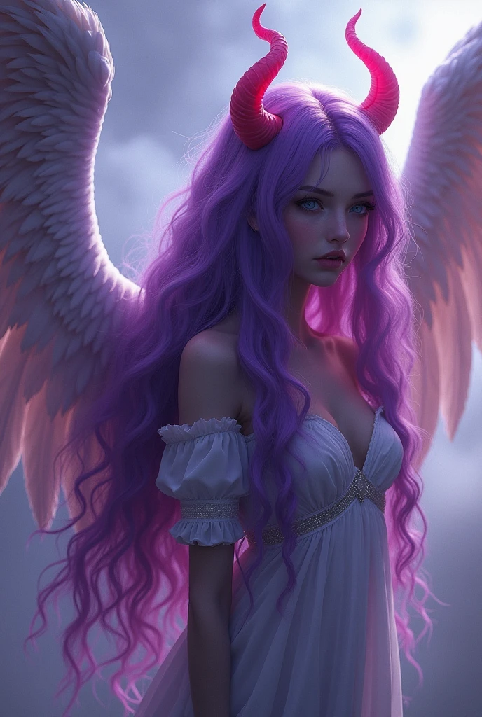 a portrait of a sexy dead woman, dressed as bloodrayne, ((angel wings)), ((soaked in blood)), redhead, freckles teacher is sitting, slate atmosphere, cinematic, faded colors, dark plane, soft colors, grainy film, lut, insane details, intricate details, hyperdetailed, red hair, pink hair, silver hair, multicolored hair, braid, long hair, twin braids, twintails, dilated pupils, heterochromia,  purple eyes, makeup, light smile, evil smile, high detail, Gothic art, Realism, Hyperrealism, cinematic lighting, reflection light, from below, atmospheric perspective, Eye-Level Shot, f/2.8, 85mm, Nikon, UHD, masterpiece, anatomically correct, textured skin, super detail, high details, high quality, 4K --auto --s2
