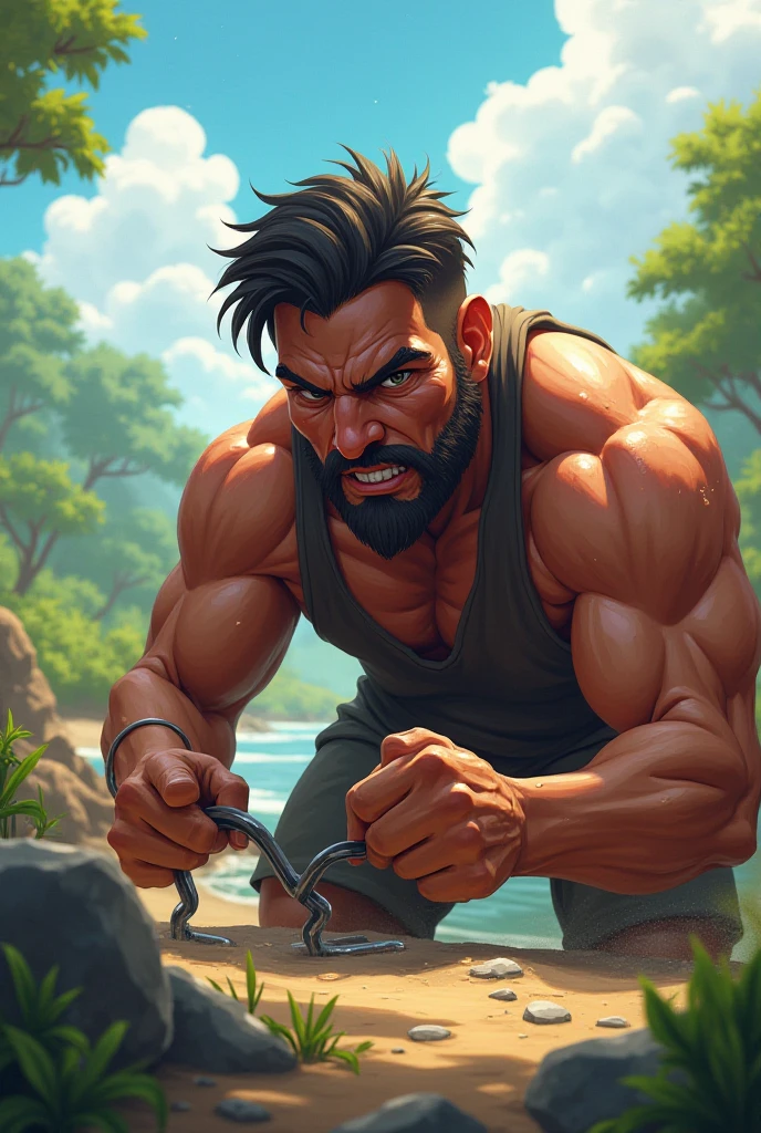 score_9, score_8_up, score_7_up, rating_explicit, source_anime, guy, navel, faux hawk cut, grin, spread legs, apple tree, shrub, waterfall, manly