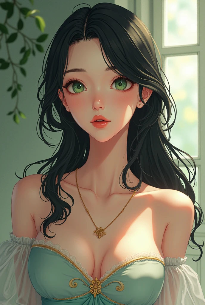 A beautiful amine girl character wearing green silk dress showimg cleavage promoting for online casino games with white background