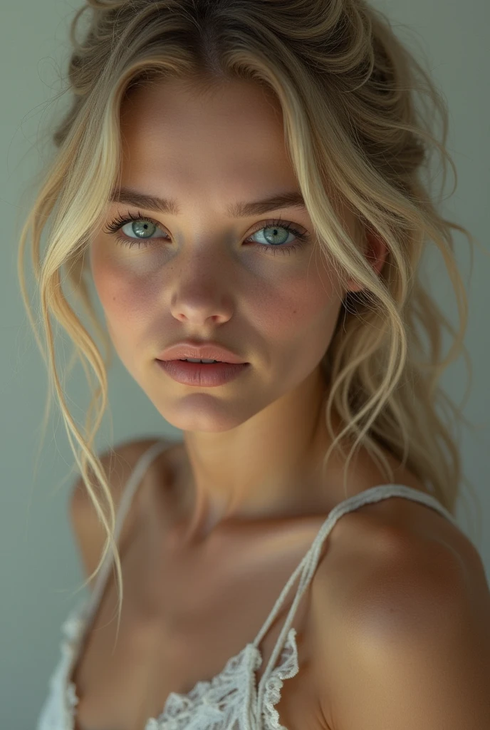 Beautiful girl with blond hair and blue eyes. The girl is tied up