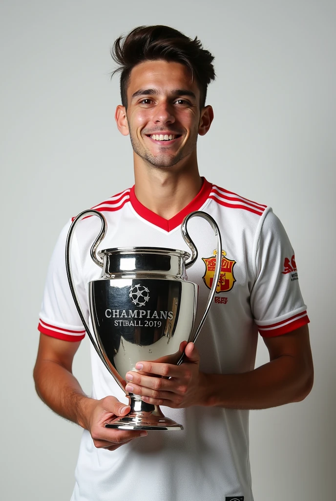 {
    "description": "Manchester United player holding the Champions League trophy during the celebration on the podium.",
    "elements": [
        {
            "label": "subject",
            "attributes": {
                "age": "25-30",
                "gender": "male",
                "ethnicity": "various"
            }
        },
        {
            "label": "face",
            "attributes": {
                "expression": "joyful",
                "action": "smiling"
            }
        },
        {
            "label": "hair",
            "attributes": {
                "color": "varied",
                "length": "short",
                "style": "neat"
            }
        },
        {
            "label": "body",
            "attributes": {
                "pose": "standing",
                "posture": "upright",
                "skin tone": "varied",
                "body type": "athletic",
                "breast": "",
                "ass": ""
            }
        },
        {
            "label": "cloth",
            "attributes": {
                "top": "Manchester United jersey",
                "bottom": "shorts",
                "cloth modifier": "sponsor logos"
            }
        },
        {
            "label": "action",
            "attributes": {
                "left hand": "holding Champions League trophy",
                "right hand": "raised in celebration"
            }
        },
        {
            "label": "setting",
            "attributes": {
                "background": "stadium",
                "time of day": "night",
                "environment": "celebration",
                "props": "podium, confetti",
                "light": "bright stadium lights"
            }
        }
    ],
    "style": {
        "type": "realistic",
        "color-scheme": "vibrant",
        "details": "high",
        "mood": "triumphant",
        "texture": "smooth"
    }
}