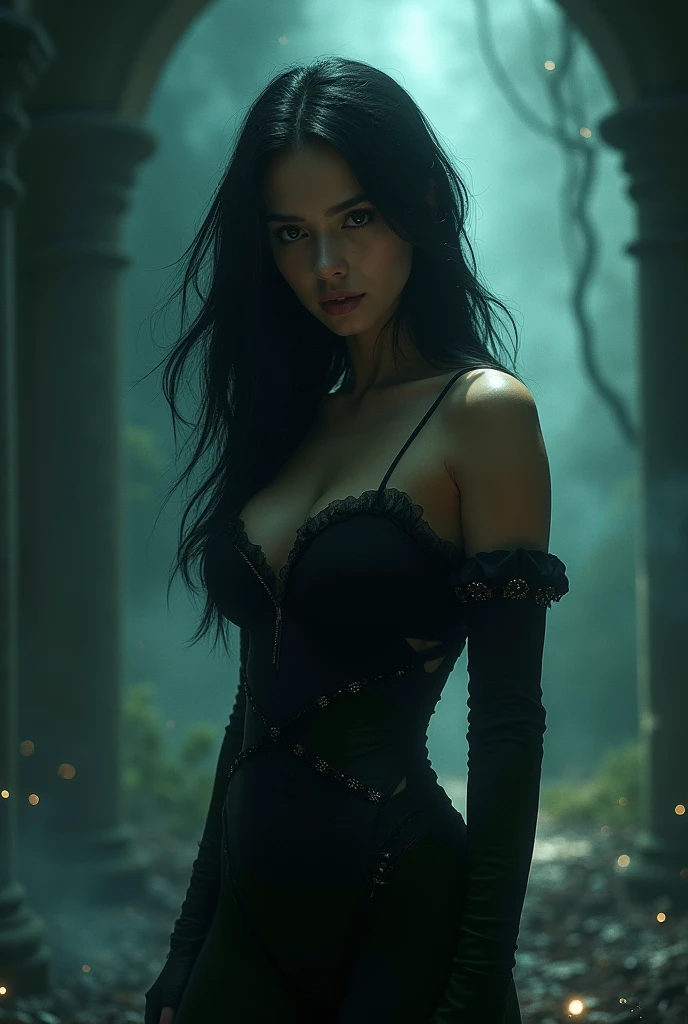 A female , Hourglass Body, in a snowy Climate, long And Tangled hair, red eyes, Wears Silky Black Gown, Barefoot, sitting on Grinite, Primal Setting, Jungle ruins Back ground, HD, Ultra Scenery, Vivid lighting.