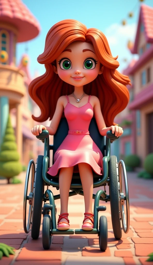 Create a cartoon of a young lady in a wheelchair with green eyes and long red hair and a pink roundish dress in Disney Pixar style in 3D 