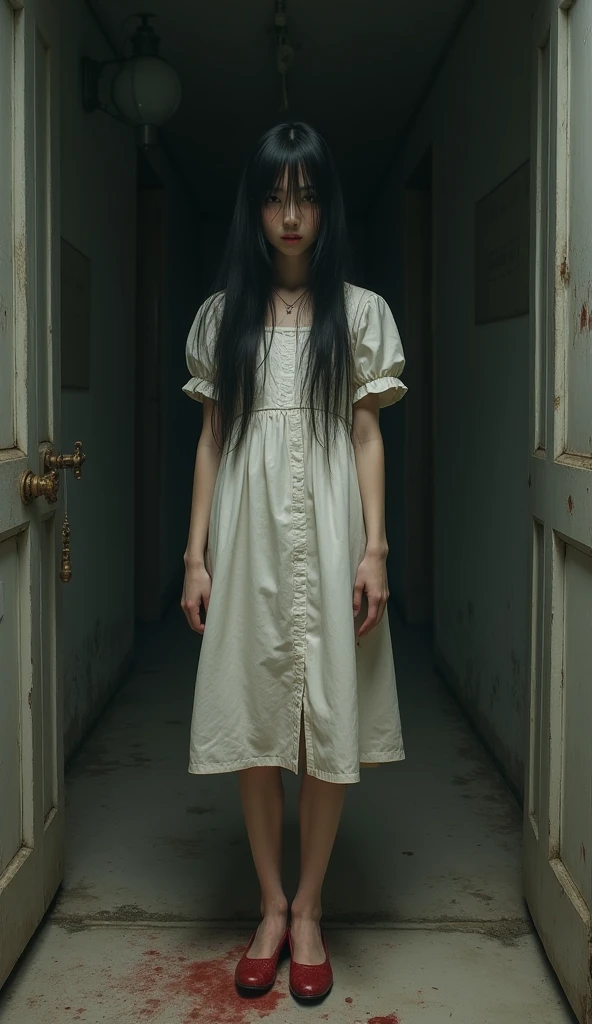 "A ghostly figure of a young Thai woman in a tattered Thai university uniform, her appearance pale and gaunt, with hollow, dark eyes. Her hair is disheveled, and her expression is one of torment and anguish. She stands in a shadowy, hidden room covered in eerie scratches and old furniture, her presence radiating sorrow and fear."