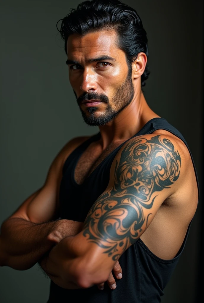 Masculine man. Very handsome, Full lips, straight nose, and a finely trimmed beard and mustache. Light blue eyes and messy and long black hair. Dragon and a long variety of tatoos