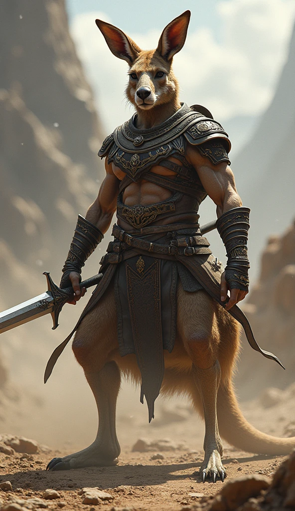 Solo Sexy anthro furry german shepherd male; ancient Mediterranean desert warrior; slim mesomorph handsome model apperance apperance; anthro muzzle head shape leather helmet mask with eye holes; anthro muzzle head shape leather helmet mask with eye holes, anthro muzzle head shape leather helmet mask with eye holes, sword scars; worn out rusty sexy skimpy armament. He has low on hips heavy leather studded heavy belt. he has narrow in the crotch very old worn out bulgy tigh jockstrap (smelly jockstrap fetish); His jockstrap it is made of old white worn out matte leather sewn together from a few pieces, it has never been washed, it is dirty and has stains from secretions of dried semen and sweat; His armor is old heavy brown harness with armlets studded with spikes; rusty old skimpy breatsplate armor, he has old brown leather BFR Bands on Biceps and his thighs, he has old worn out fingerless leather gloves. His armor is in ruin, it is very very old and dirty, rusted, dirty, old worn out, rusty breastplate. Even though he is a handsome and sexy man, he has a sloppy appearance, has disheveled unwashed dirty fur, dirty body look. he smells, he has stains from old blood, dirst, cum, mud, smelly furr, disgusting ??????? looking. He stands proudly bravely in the Mediterranean sunny pine forest; he stands upright, furious, with his sword raised in a ready-to-fight position, he holds a sword in his right paw, ready for incoming fight; he has a proud, threatening and defiant expression on his face, with little dirty dangerous smile; he has narrow in the crotch very old worn out bulgy tigh jockstrap (smelly jockstrap fetish); His jockstrap it is made of old white worn out matte leather sewn together from a few pieces, it has never been washed, it is dirty and has stains from secretions of dried semen and sweat;, he has narrow in the crotch very old worn out bulgy tigh jockstrap (smelly jockstrap fetish);