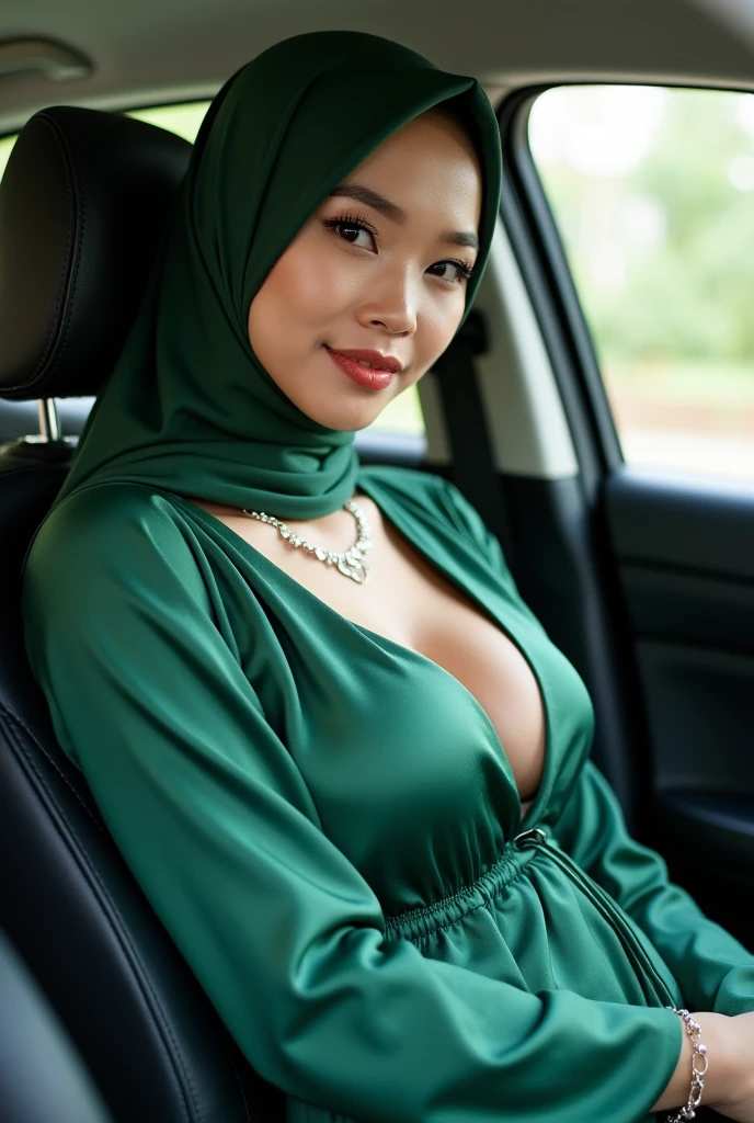 1 lady, wearing a malay baju kurung outfit, long sleeve, tight outfit, sitting in front passenger seat,(wearing a black hijab), (huge breast 1.6), holding a purse, sweet, kawaii, (soft light, details)