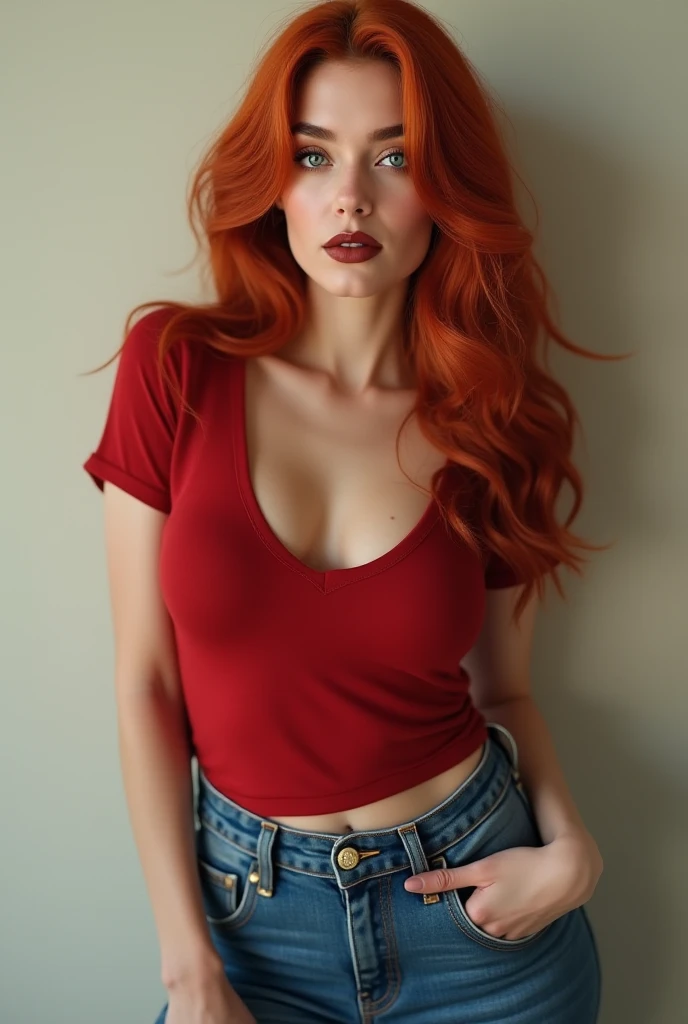 A red-haired woman, ((Hyper-Realism))texturized skin, shiver, perfects eyes. russet hair. hair blonde, extra long hair, pretty long hair. photo taken with iPhone, Support 160 colors. provocative pose. in park. Wearing blue leggings and a pink blouse. provocative. photo taken with an iphone, high qualiy, very big tits, camel toe