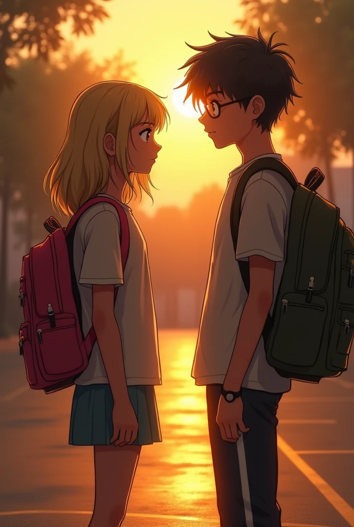 White girl without glasses, shoulder-length blond hair with light brown almond-shaped eyes and long eyelashes and a sky blue backpack hugging a blond boy with very short black hair and slanted eyes with long eyelashes and a small nose with very round glasses and a navy blue backpack