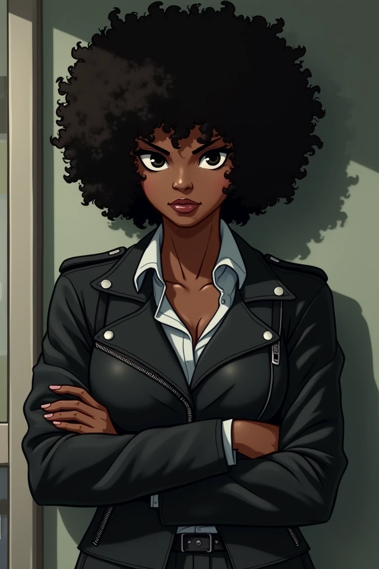More anime and simple style A rough black woman with big breasts and ass , curly hair, black eyes, She is very tall with a leather jacket and a serious expression. In an office with her arms crossed against a wall and having her eyes covered by her hair