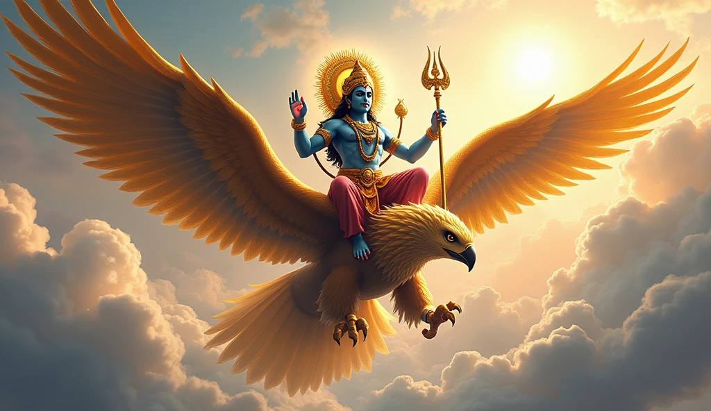 Lord Vish?? on top of the king of the birds the mighty eagle Garuda 