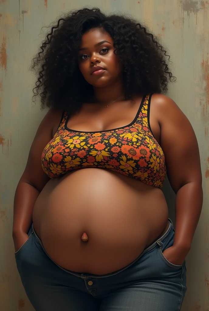 dark skin, (dark-skinned female:1.5), bike shorts, bikini, crop top, hoop earrings, jewelry, midriff, navel, necklace, short shorts, shorts, swimsuit, tankini, 1girl, plump, chubby, curvy, chubby girl, belly, big belly, fat belly, large stomach, night sky background, (best quality,4k,8k,highres,masterpiece:1.2), ultra-detailed, (realistic,photorealistic,photo-realistic:1.37), HDR, UHD, studio lighting, ultra-fine painting, sharp focus, physically-based rendering, extreme detail description, professional, vivid colors, bokeh, portraits, photography, concept artists, colorful, fairy tale, soft and dreamy lighting, sparkling stars and constellations, peaceful and calm atmosphere, luminous moonlight