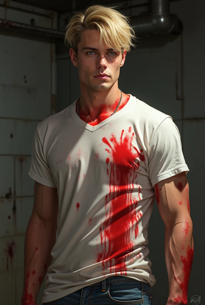 muscular, beautiful blond man, 25 years old, dressing white t-shirt , entering the living room, body front, blood stains on white t-shirt