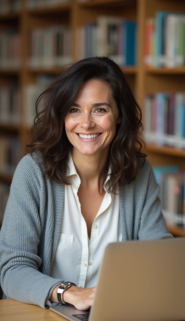 middle-aged woman sitting at a table looking forward
