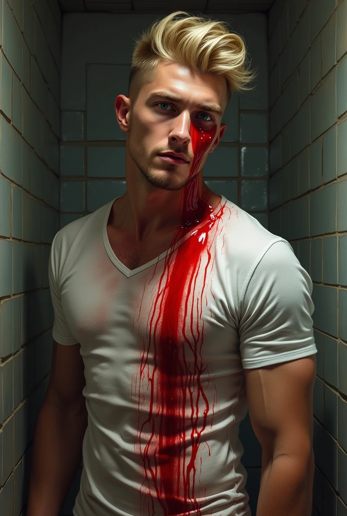 Handsome 18 year old man with blond hair middle parted that goes to his ears who got stabbed repeatedly