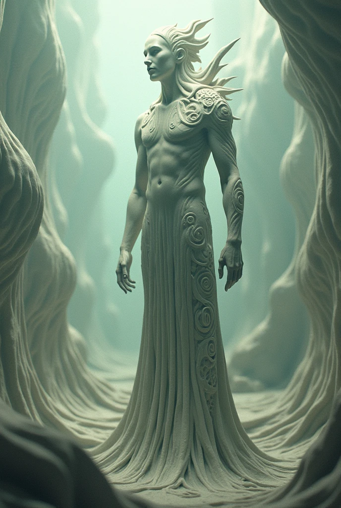 6'6 merman with pale skin slim body and white long lushy hair and masculine dark face inside a water glass tank and a 6'2 man, masculine hansome dark facial features standing ok the other side 