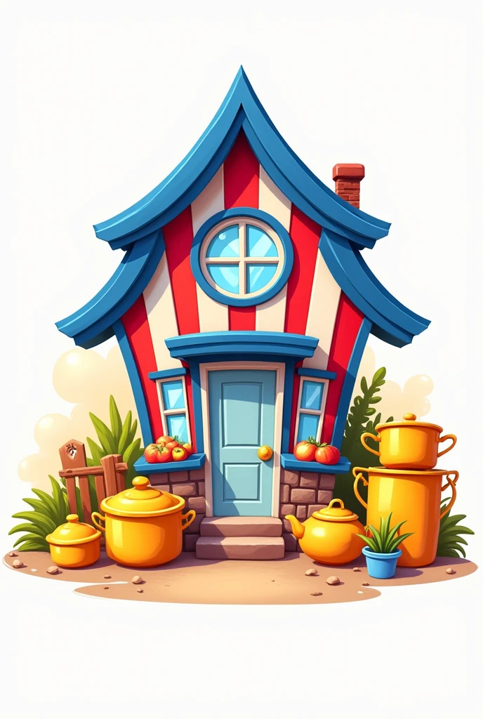 Logo of a house with the colors red , white,  blue and yellow that has pots behind it,  pans , glasses and buckets 