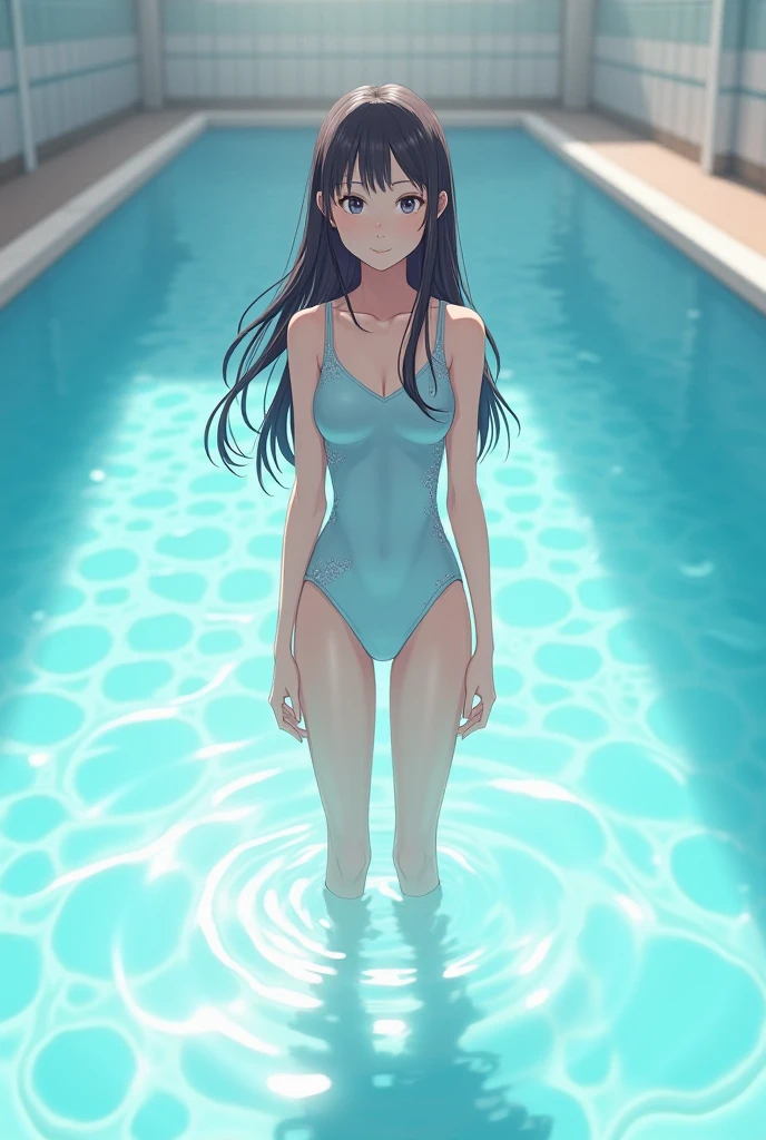 A girl with black hair, slim body and red swimsuit coming out of a pool through some steps