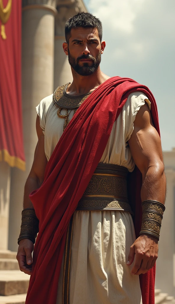 An ancient greek man, Chico, greek warrior, muscular, Graced, 35 años de edad man con poderosa presencia, greek headdress, ((wearing detailed greek tunics)), standing inside the greek temple, Intricate, elegant, Very detailed, masterpiece, extremely detailed, detailed background, Whole body, Best Quality, ancient greek architecture, Ancient Greece, male, man, (((just dressed))), bare chest, (((body hair))), one arm up, low waist thong, White tunica, gold accessories, male face, illuminated by golden sunlight, seductive look, sexy, curtains hanging from the ceiling, NSFW
