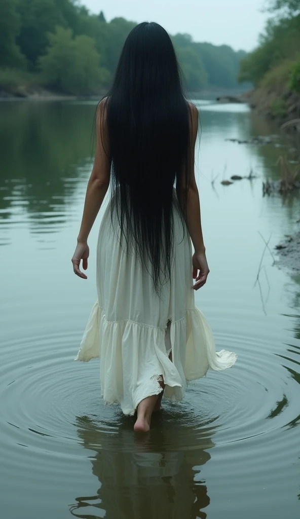 Masterpiece , best quality , ultra high res , 4k , hyper realistic ,photorealistic , Pov of hand hold hand of 1 girl, 25 years old , half body , plump ,beautiful face, stand on road, wearing long Thin white dress, very long black hair. background of wet road, bamboo tree, cemetery , spooky atmosphere,