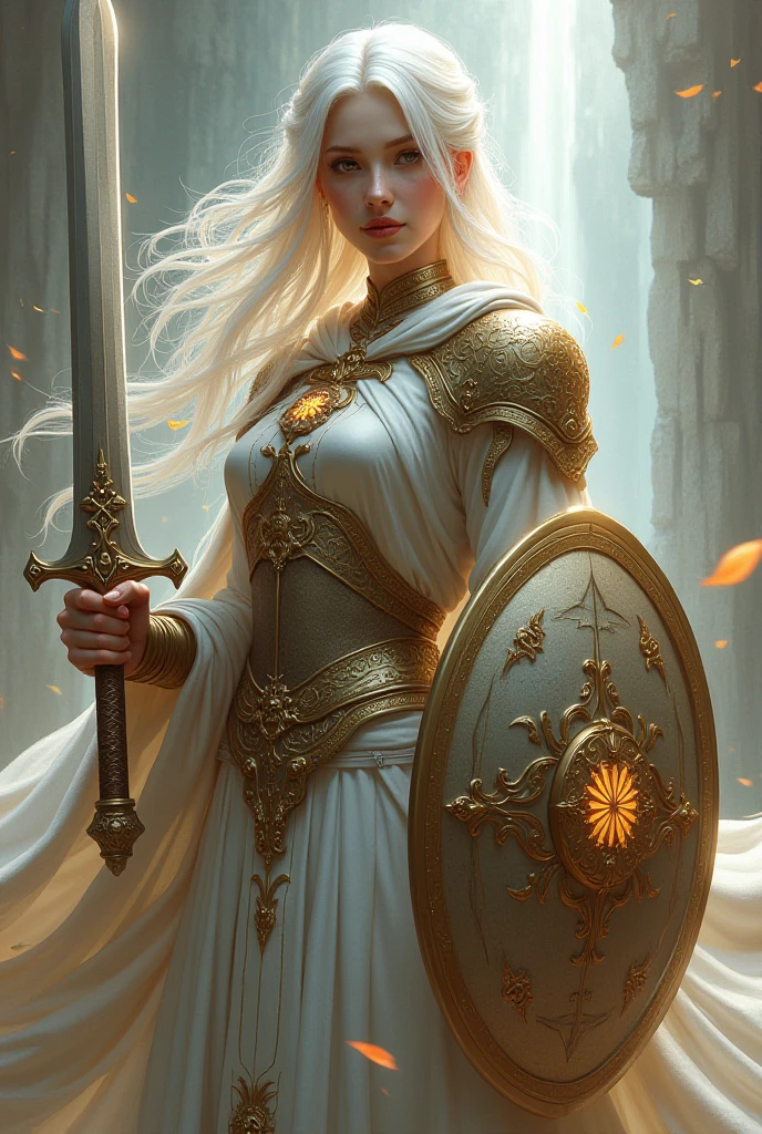 Female Cleric of luck with white hair and sword and shield - SeaArt AI