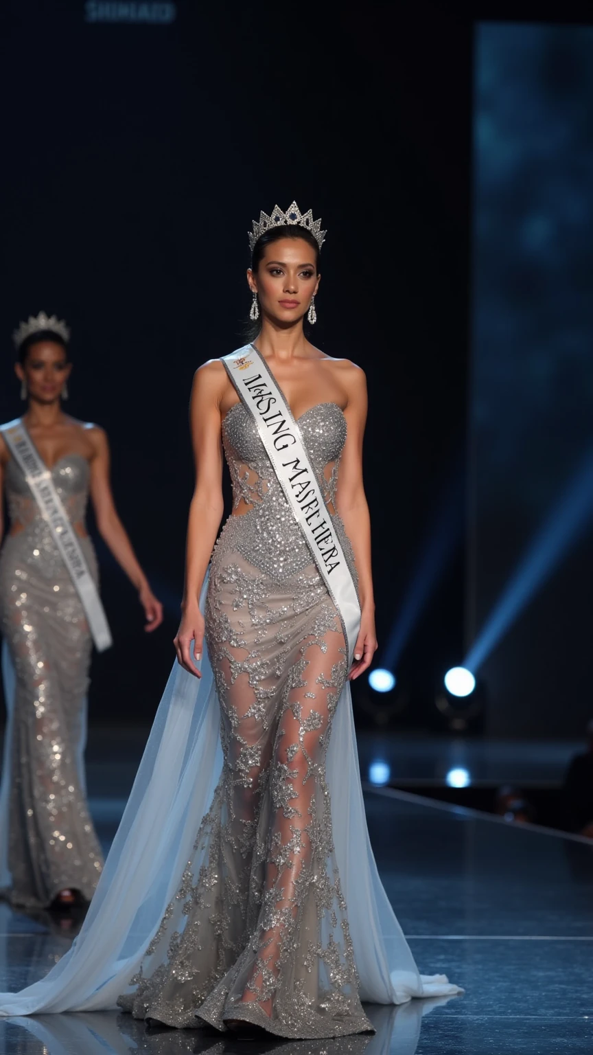 (cuerpo completo), hembra alienigena musculada culturista, bellisima, en bikini, en plena exibicion de miss universo culturista, en las instalaciones de mis universo, intricate details of the highest quality machine), nitidez absoluta, iluminacion perfecta, estilo cinematografico,(obra maestra).