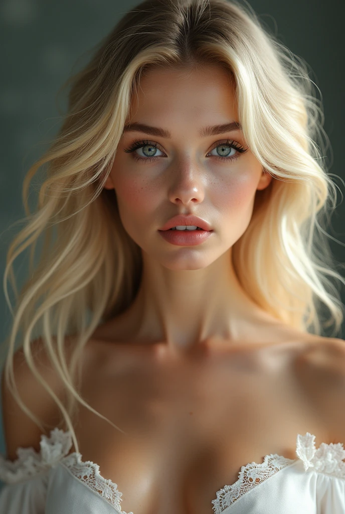 Visage réaliste, jeune femme, blonde, cheveux long, yeux bleus, petit visage, très belle, hot, sexy, provocatrice